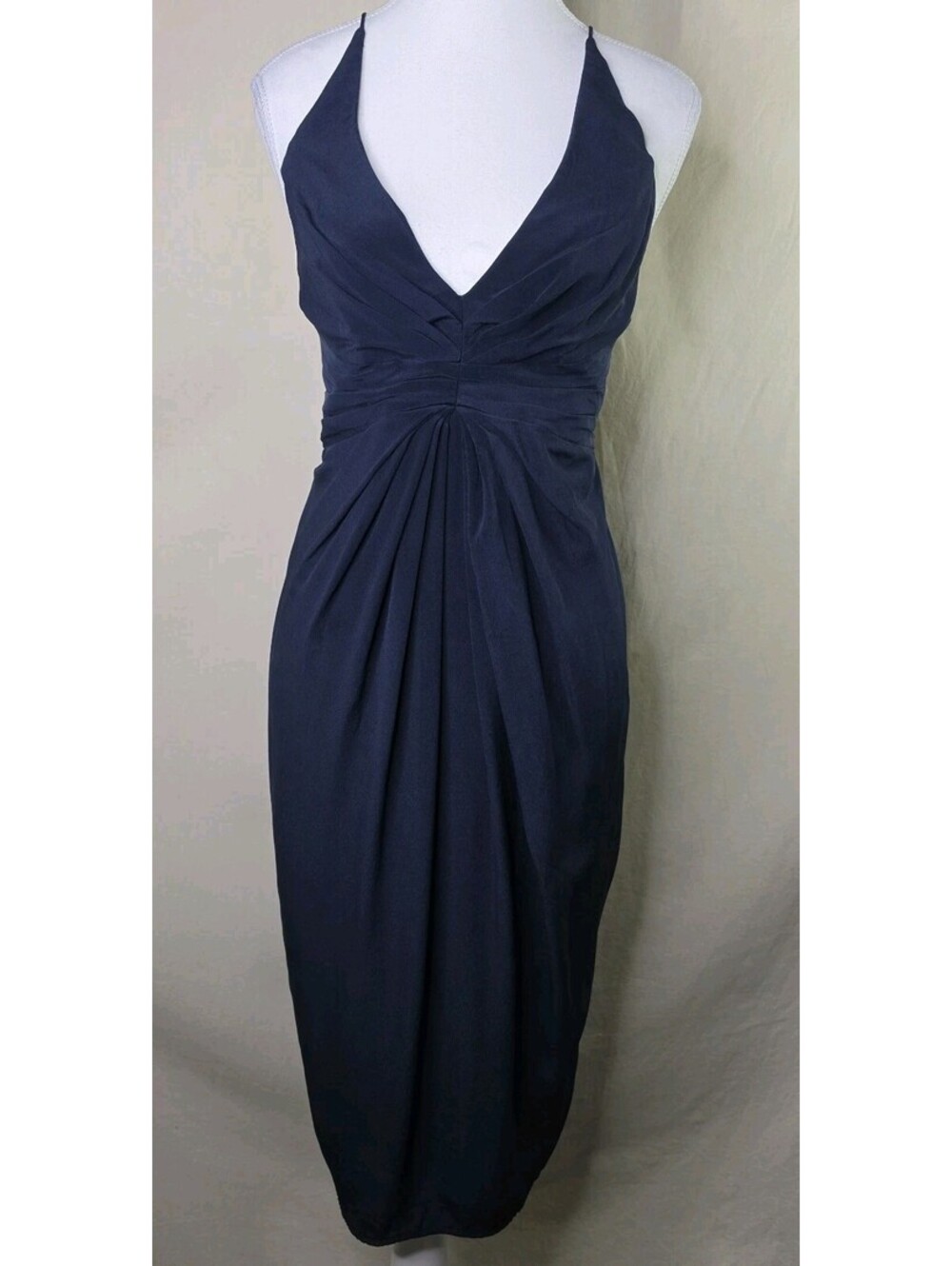 Zimmermann Navy Silk Halter Dress 4 Ruched V Neck Back Zip